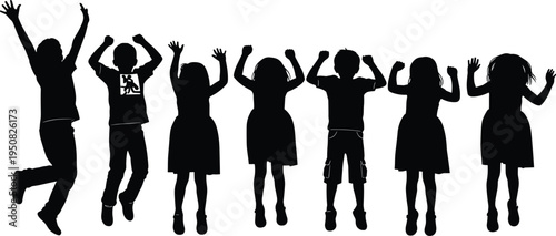 Group of happy children and diverse kids jumping in joy silhouettes isolated on white background for childhood celebration and playful fun