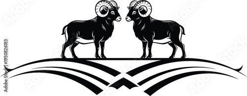 Symmetrical ram goats facing each other vintage black silhouette emblem with decorative lines animal logo design vector illustration for branding