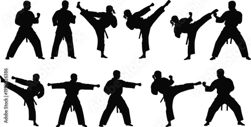 Martial arts silhouettes set with karate and taekwondo fighters performing kicks and combat poses isolated on white background for sports design