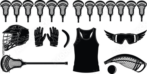 Lacrosse sports equipment silhouettes set featuring sticks and helmet plus gloves and jersey isolated on white background for team branding