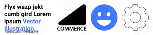 Business, marketing, design, technology, customer service, communication. Black commerce shape, blue smile face and outlined gear icon. Business and marketing concept illustrated by icons