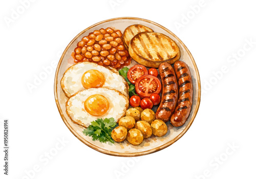 A watercolor full English breakfast plate featuring fried eggs, sausages, baked beans, roasted potatoes, grilled toast, and fresh tomatoes, isolated on a transparent background.