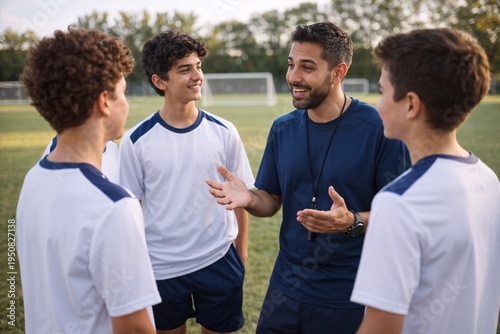 Soccer Coach Motivating Teenage Players During Team Talk on Outdoor Football Field