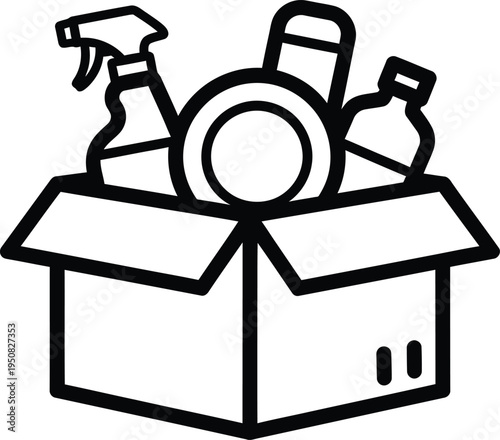 Cleaning supplies in a cardboard box