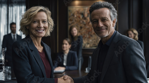 Business handshake confident smile senior executive professional meeting corporate teamwork diverse team boardroom leadership