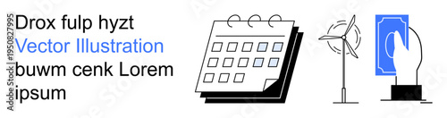 Renewable energy, identity verification, scheduling, sustainability, documentation, eco-conscious business solutions. A calendar, wind turbine and hand with an ID card. Identity verification