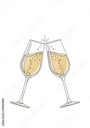 A minimalist vector illustration of two champagne flutes toasting, isolated on a white background with ample copy space. Concept for celebration and luxury