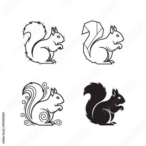 Four different illustrations of squirrels in various styles