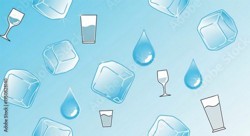 Refreshing summer background with ice cubes and water droplets on blue gradient perfect for drinks and beverages concept