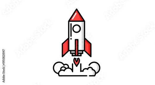 Rocket ship launching with heart symbol and smoke trails on white background