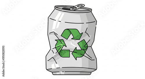 Crushed aluminum soda can with green recycling symbol on white background eco friendly packaging concept