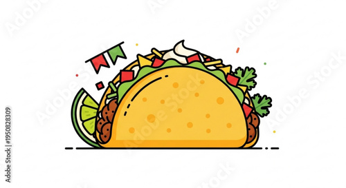 Colorful taco with lime and flag on white background vibrant food illustration
