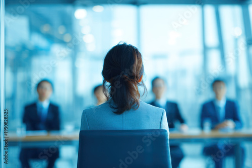Job interview panel businesswoman office conference room corporate professional Asian meeting recruitment in modern bright workplace