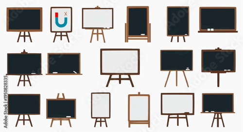 An assortment of various empty chalkboards and whiteboards with a wooden frames