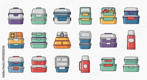 Assortment of vibrant and colorful lunch boxes and a thermos