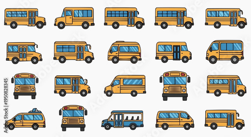 School buses of different styles arranged in a grid, ideal for education and transportation-themed designs. A vibrant collection representing various vehicle types used for student transport