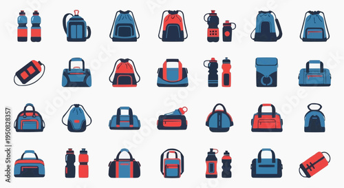 Collection of various sports bags and bottles, isolated on the background