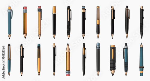 An array of pens and pencils neatly arranged, with various designs and colors displayed