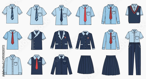 A collection of various school uniform designs, showcasing diversity in style and attire