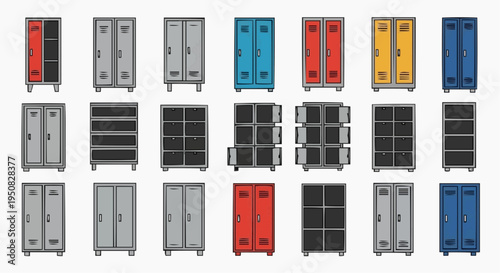 A variety of colorful storage cabinets, each with unique features, stand neatly aligned