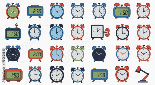 A diverse collection of alarm clocks, displaying different times, shapes, and designs