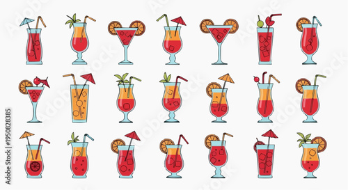 Various cocktail glasses, each filled with a different colorful beverage, arranged in an organized grid pattern