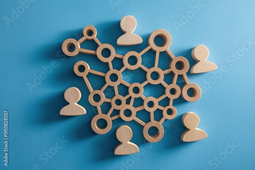 Interconnected Network of Ideas: A network of wooden figurines, intricately linked, symbolizing collaboration, connections, and the dynamic flow of ideas within a collective.