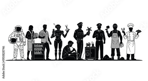 Set of 10 black silhouette occupation icons vector