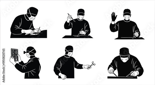 Set of 6 black and white surgeon icons vector