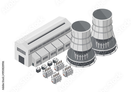 Industrial power plant with cooling towers and transformers, representing energy production and infrastructure