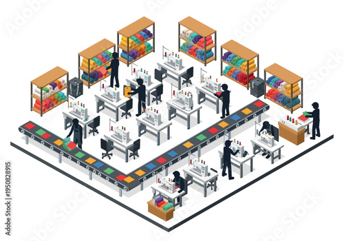 Industrial sewing factory production line with workers and material on conveyor belt
