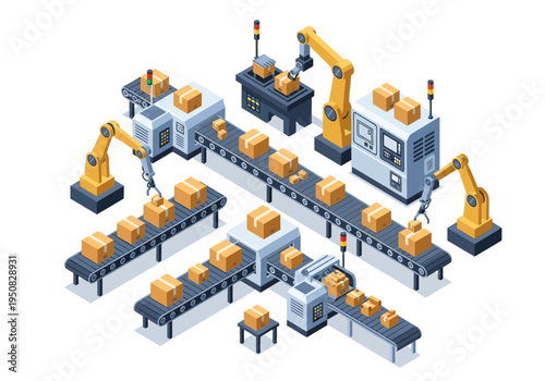 Automated factory production line with robotic arms and conveyor belts assembling packages