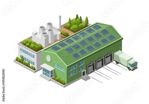 Modern green factory with solar panels and a delivery truck, eco-friendly industrial building