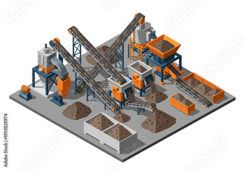 Isometric industrial factory with conveyor belts and piles of raw materials, construction and manufacturing process concept
