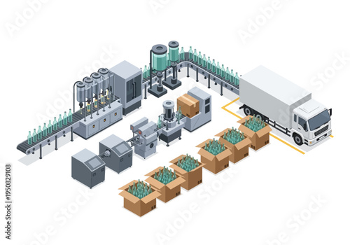 Industrial bottling and packaging production line with a delivery truck