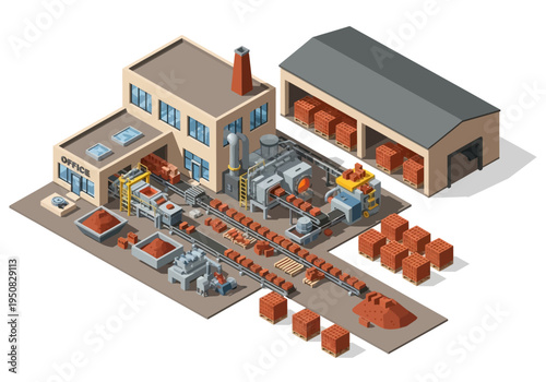 Industrial manufacturing plant with production line and raw materials
