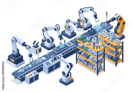 Industrial automation and robotics in a manufacturing factory setting with assembly lines and robotic arms