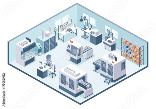 Isometric view of a modern manufacturing facility with advanced machinery and automated systems