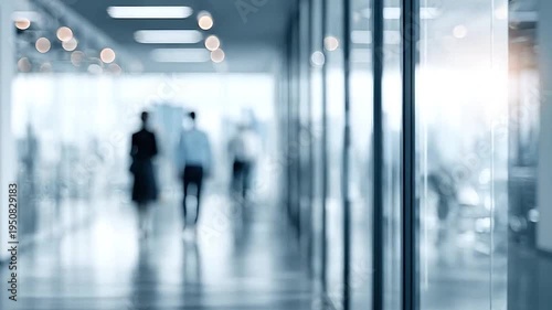 Blurred silhouettes of business people walking in a modern office.