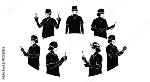 Set of 7 black silhouette people icons vector