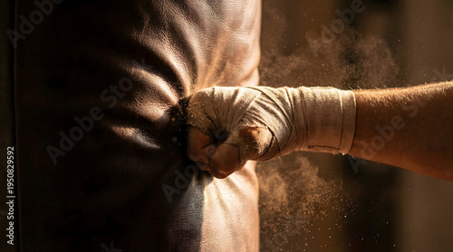 Close-up shot of a boxer's hand wrapped in cloth bandages striking a leather heavy bag with power, creating a spray of dust.
