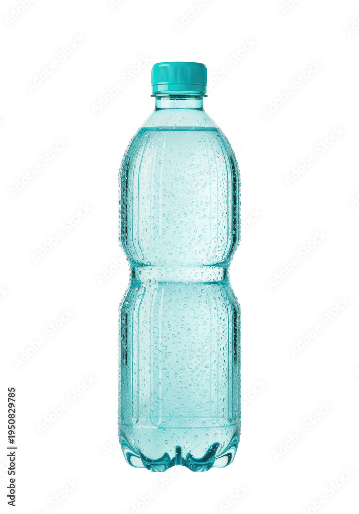 Naklejka premium Flawless aquamarine plastic bottle of sparkling mineral water with condensation on a transparent background with copy space. Concept for beverage advertising