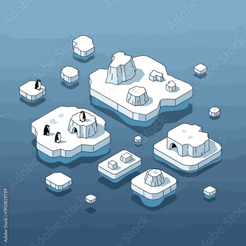 Isometric illustration of icebergs floating in the ocean, with penguins and igloos.