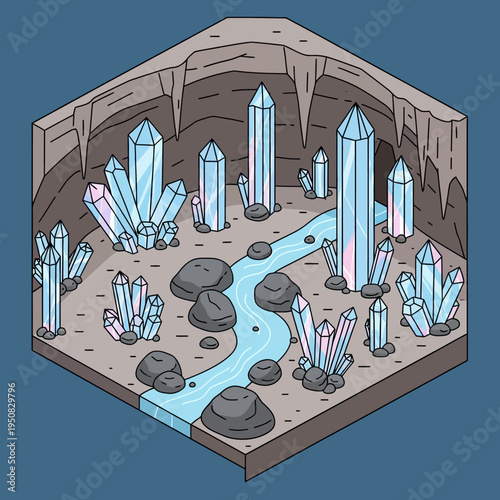 Isometric illustration of a crystal cave with a flowing river and various formations.