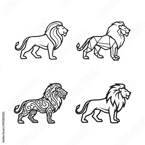 Four different lion drawings in black and white