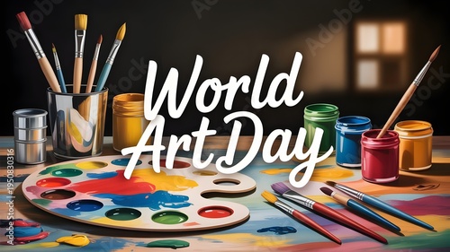 World art day celebration with colorful paints and brushes on a table