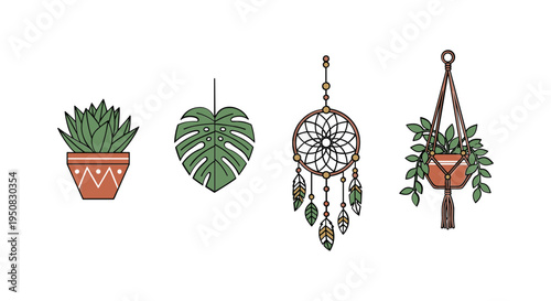Dreamcatcher with plants and leaf.