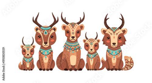 Family of deer with decorative collars.
