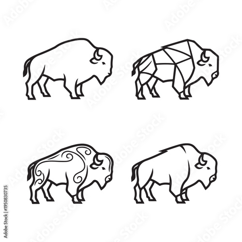 Four different bison designs in black and white
