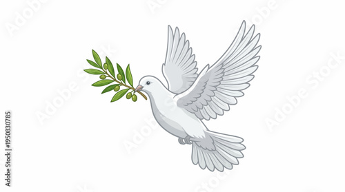A white dove flies with an olive branch in its beak outdoors.